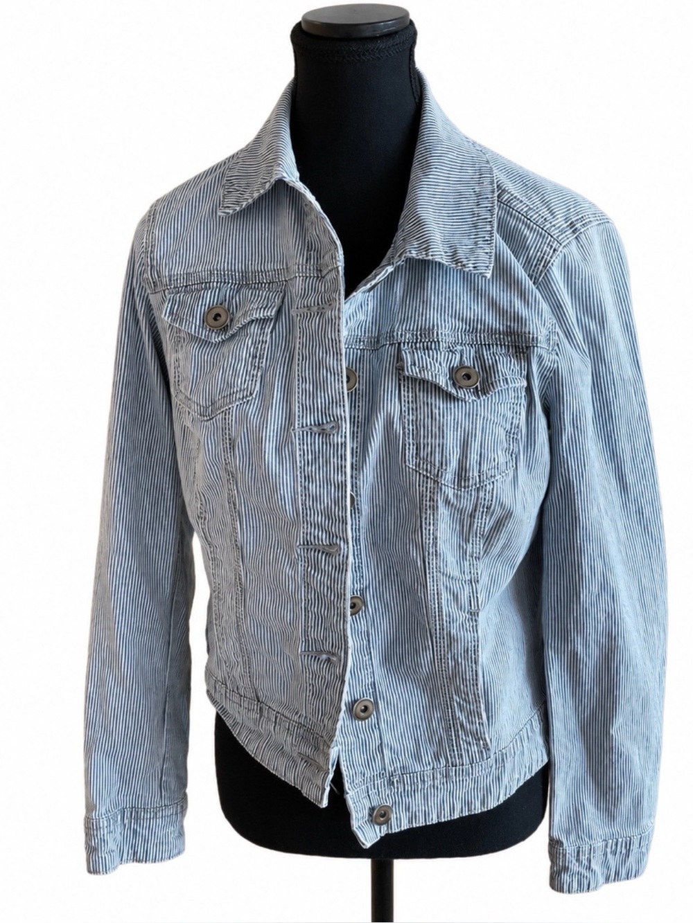 BACCINI Light Wash Pinstripe Stretch Denim Jacket Size M